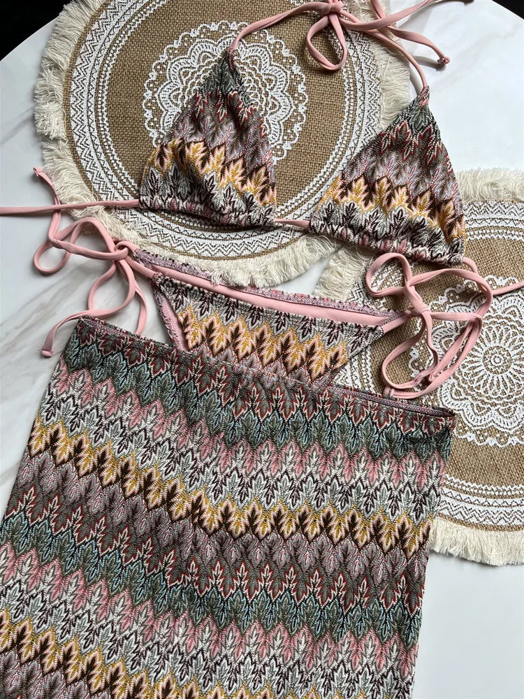 Women Swimsuit Colored Maple Leaves Knitted Bikini Skirt Three-Piece Set Split Swimsuit Bikini 5