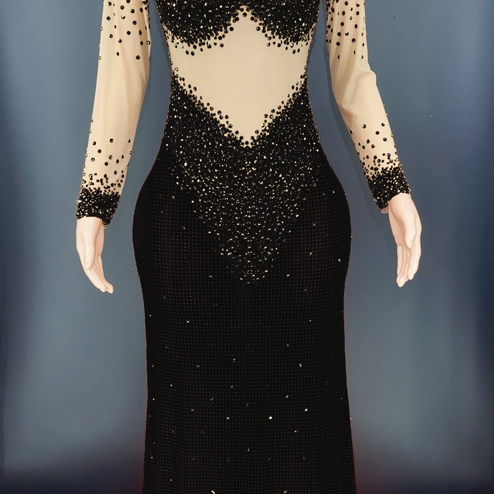 Sparkly Rhinestones Long Sleeves Mesh Transparent Dress Birthday Celebrate Gown Outfit Women Sexy Evening Prom Party Dress Black