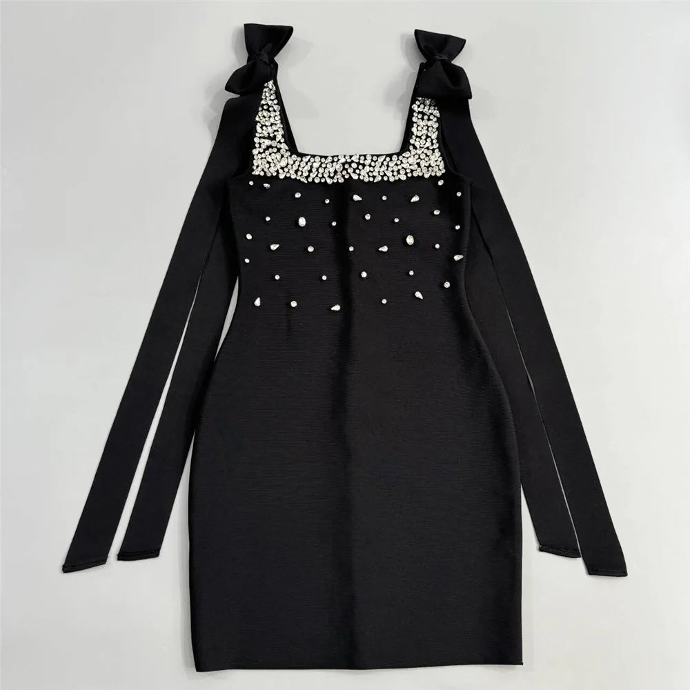 Black Color Women Sleeveless Square Collar Shinning Crystal Bodycon Mini Bandage Dress Nightclub Party Celebrate Birthday Wear