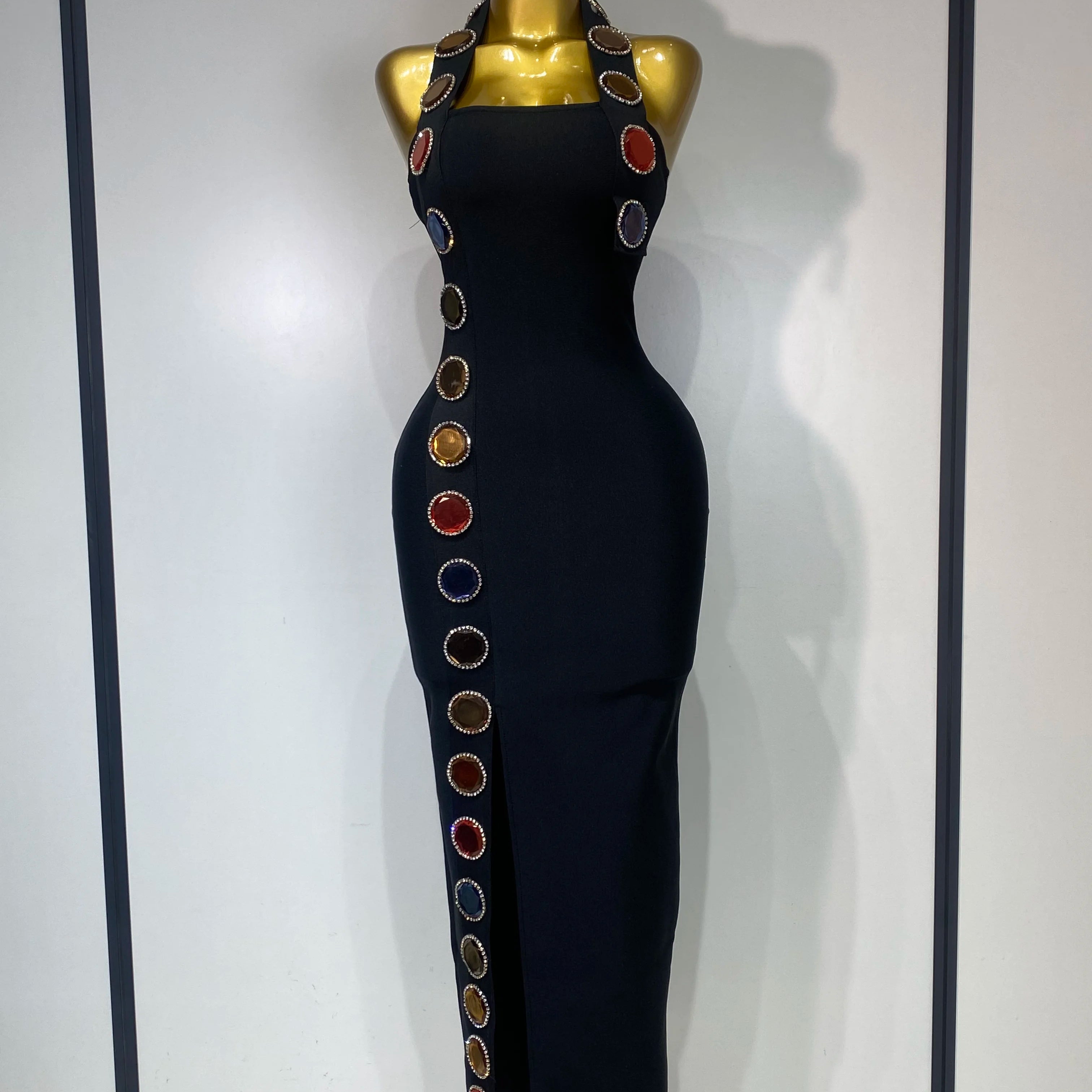 Women Elegant Bandage Bodycon Dress Halter Rhinestons Elastic Dress Luxury Birthday Celebrity Evening Club Party Wedding Dress black