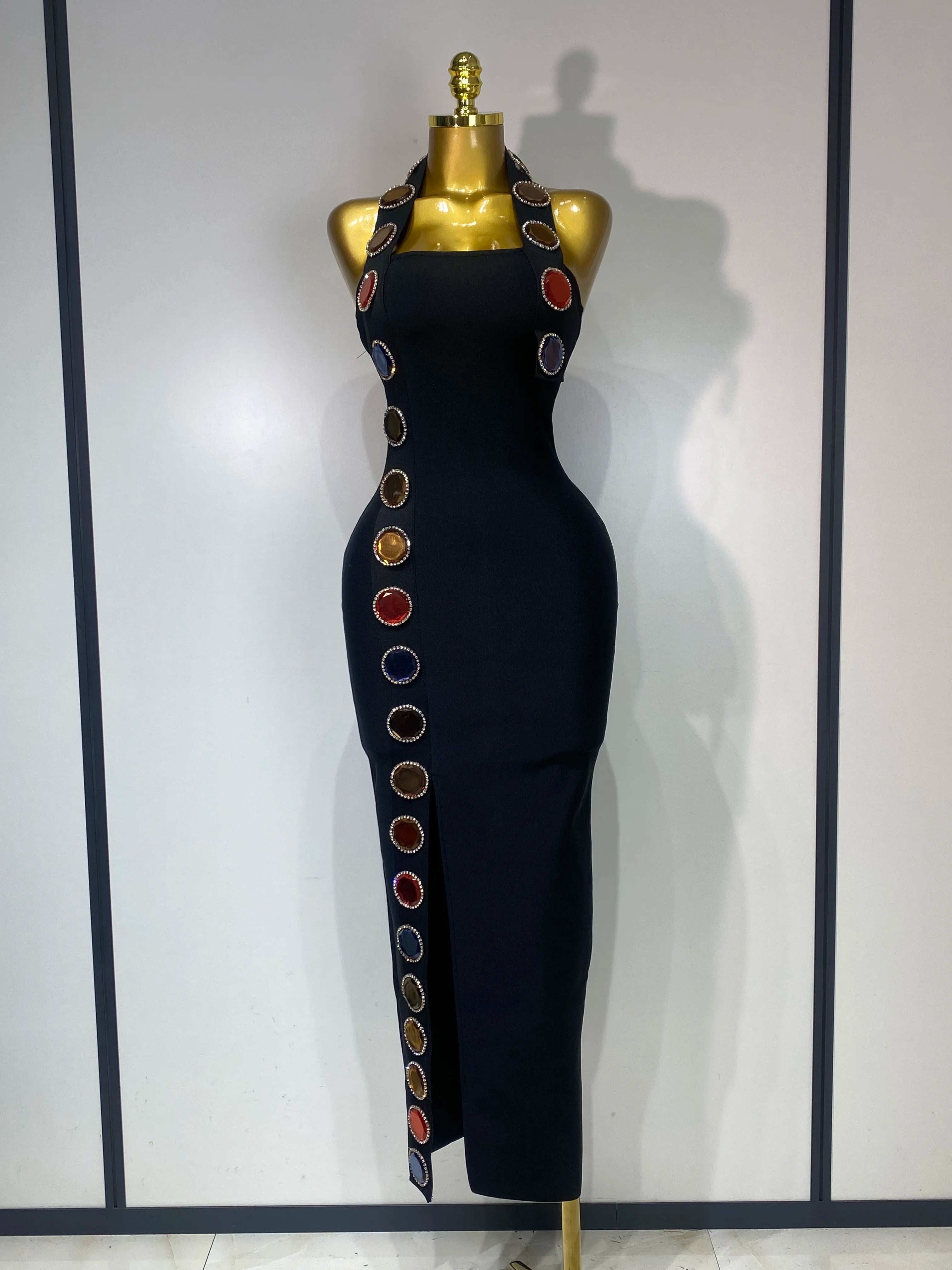 Women Elegant Bandage Bodycon Dress Halter Rhinestons Elastic Dress Luxury Birthday Celebrity Evening Club Party Wedding Dress black