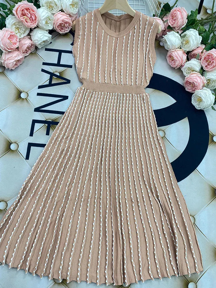 2024 New Listing Elegant Striped Knit Dress Women O-neck Sleeveless A-line Dresses Club Evening Party Midi Vestido Khaki