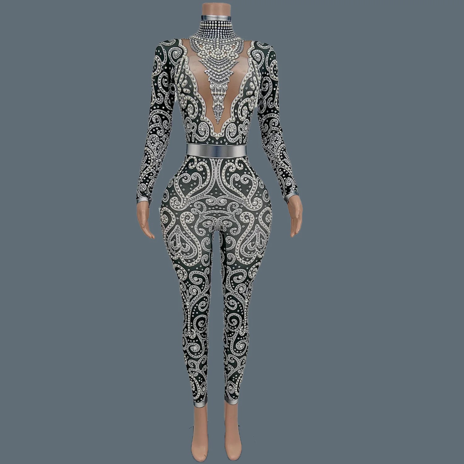 Classic Rhinestones Pearls Spandex Jumpsuit Women Nightclub Party Elastic Sexy Bodysuit Showgirl Performance Stage Wear Quanquan