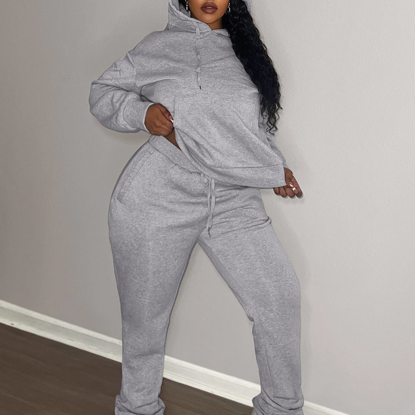LW Plus Size Two pieces sets Hooded Collar Kangaroo Pocket Hoodie Top + Stacked pants sets casual Tracksuit Set for Autumn winte