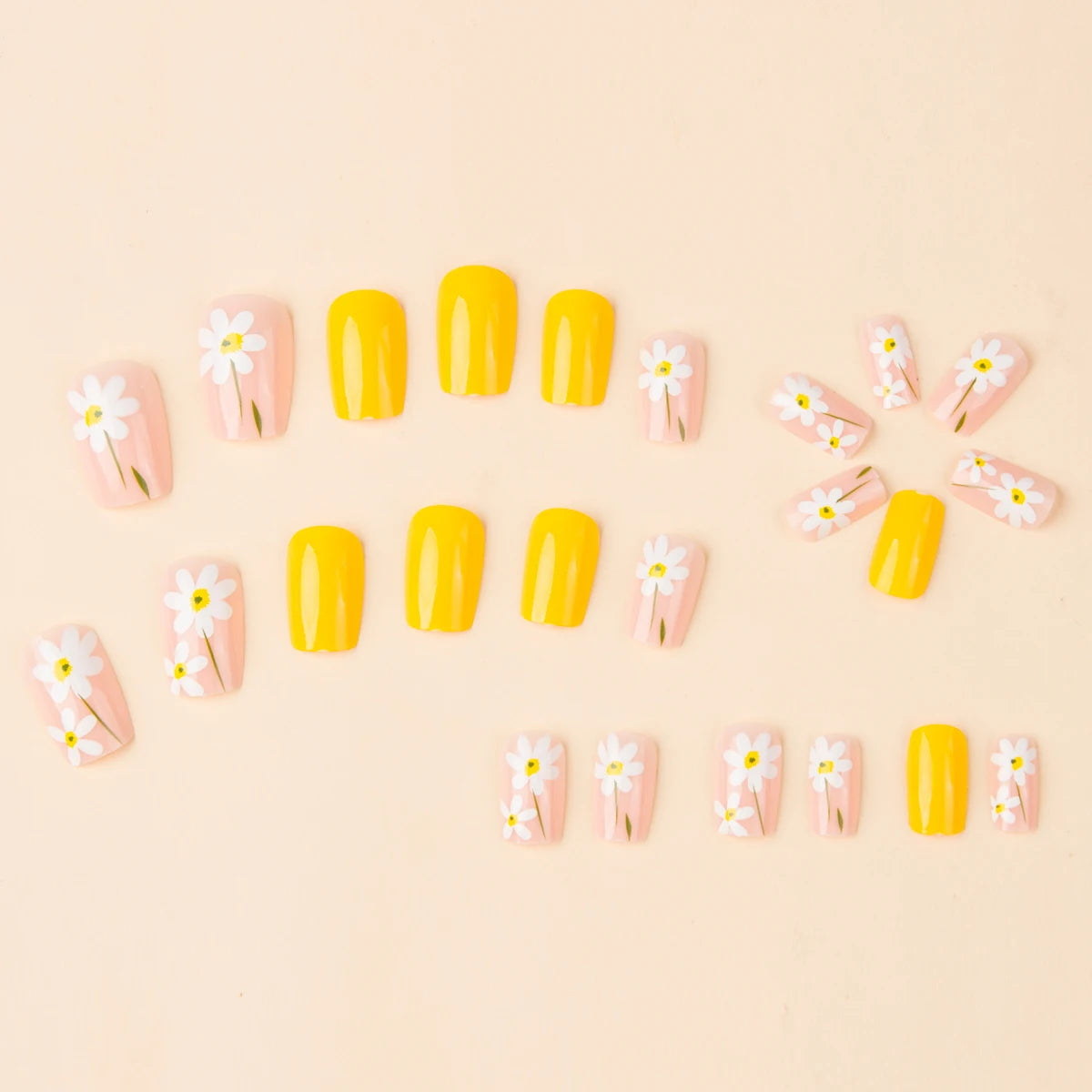 24 Pcs Square European Style Press On Nails Medium Shine Yellow Flower Fake Nails Reusable Cute False Nail For Women/Girls