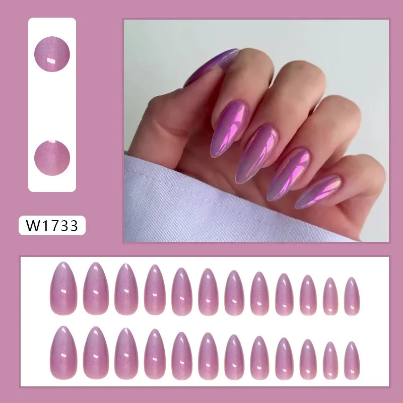 24pcs Shiny Green Cat Eye False Nails Cute Seal Print Fake Nails Tips Wearable Reusable Glossy Short Round Press on Nails 19