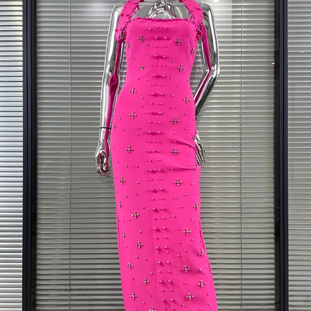 Women Sexy Halter Off the Shoulder Beading Rhinestones Bodycon Long Bandage Dress Evening Party Cocktail Vestido Rose Red