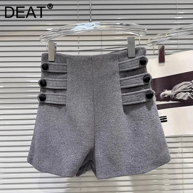 Winter New Fashion Ribbed Button Gray Woolen High Waist Shorts For Women Versatile Boot Short Pants Female 11A07667