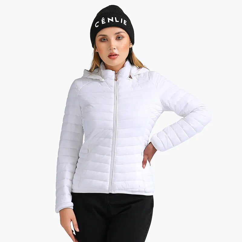Winter Parka Ultralight Padded Puffer Jacket For Women Coat With Hood Outdoor Warm Lightweight Outwear With Storage Bag White