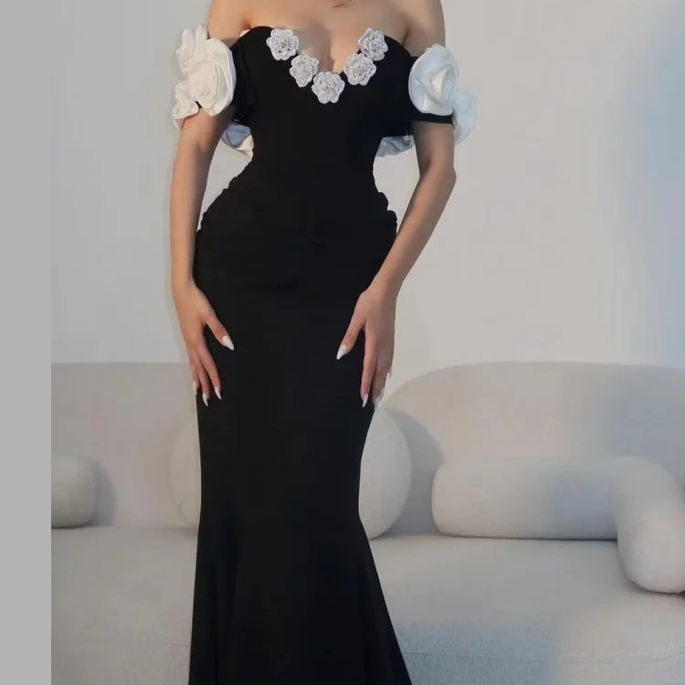 Stereoscopic Diamond Flowers Sexy Off The Shoulder Ankle Lenght Bandage Dress Woman Birthday Party Vestido Wedding Party Outfit black