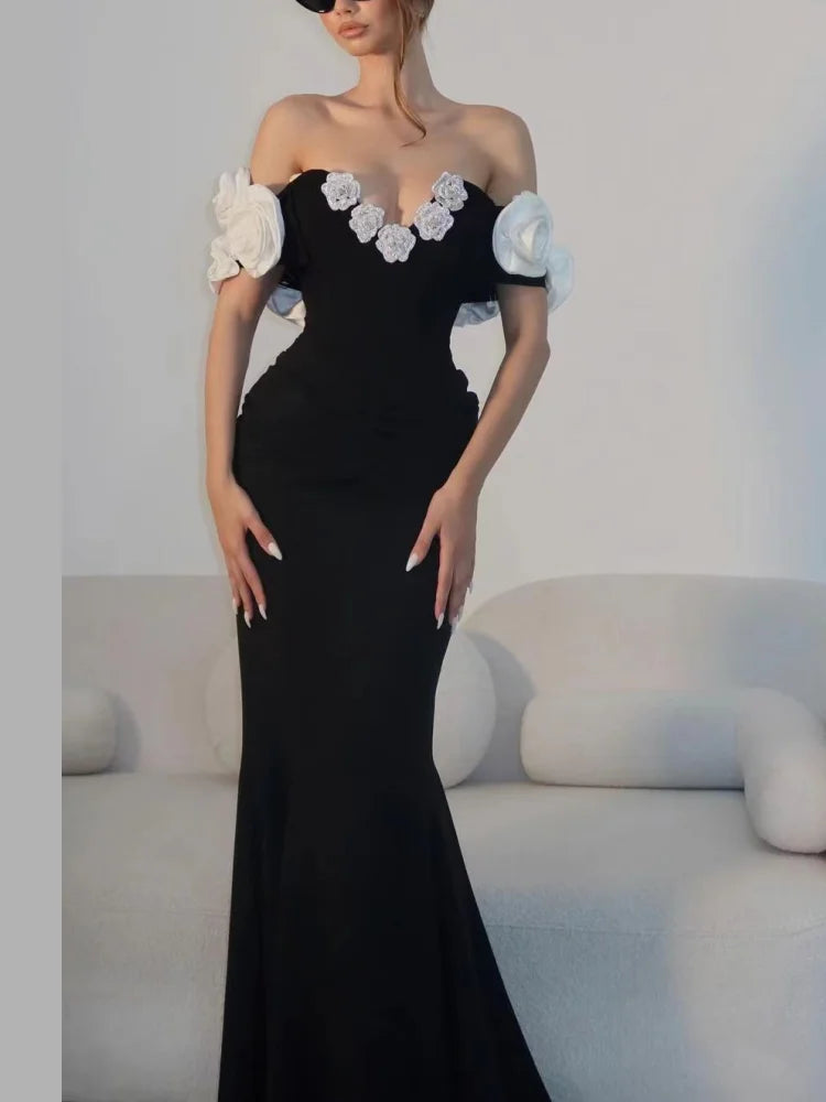 Stereoscopic Diamond Flowers Sexy Off The Shoulder Ankle Lenght Bandage Dress Woman Birthday Party Vestido Wedding Party Outfit black