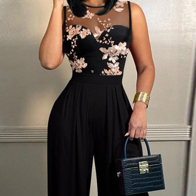Women's Jumpsuit 2024 Spring Fashion Sexy Contrast Sequin Floral Pattern Round Neck Sleeveless Wide Leg Long Party Jumpsuit