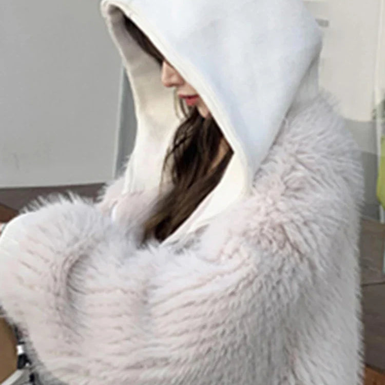 Autumn Winter Loose Casual Hairy Shaggy Soft Warm Faux Fur Coat Women with Hood Long Sleeve Zipper Korean Fashion 2022