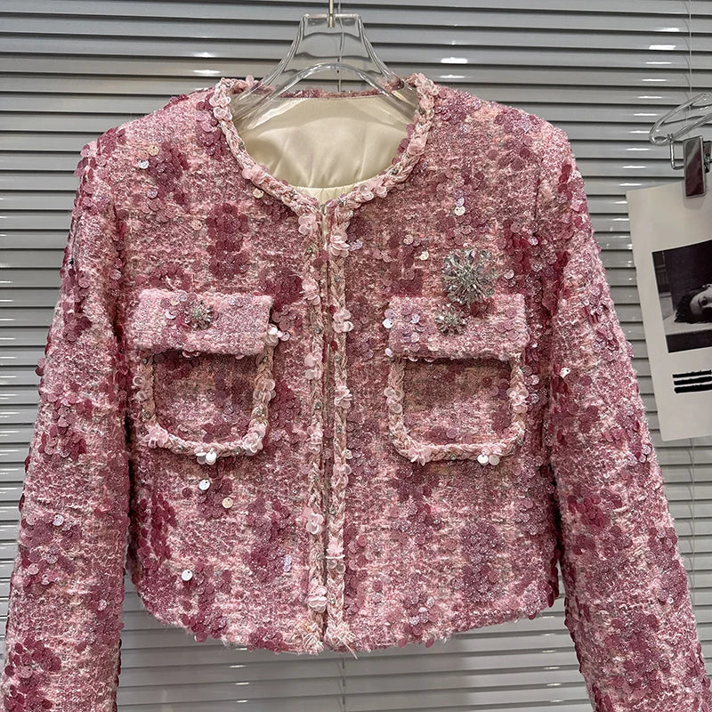 Winter New High-End Fox Fur Sleeve Sequin Tweed Cotton Lined Short Coat For Women Fashion Versatile Jacket 11A07501