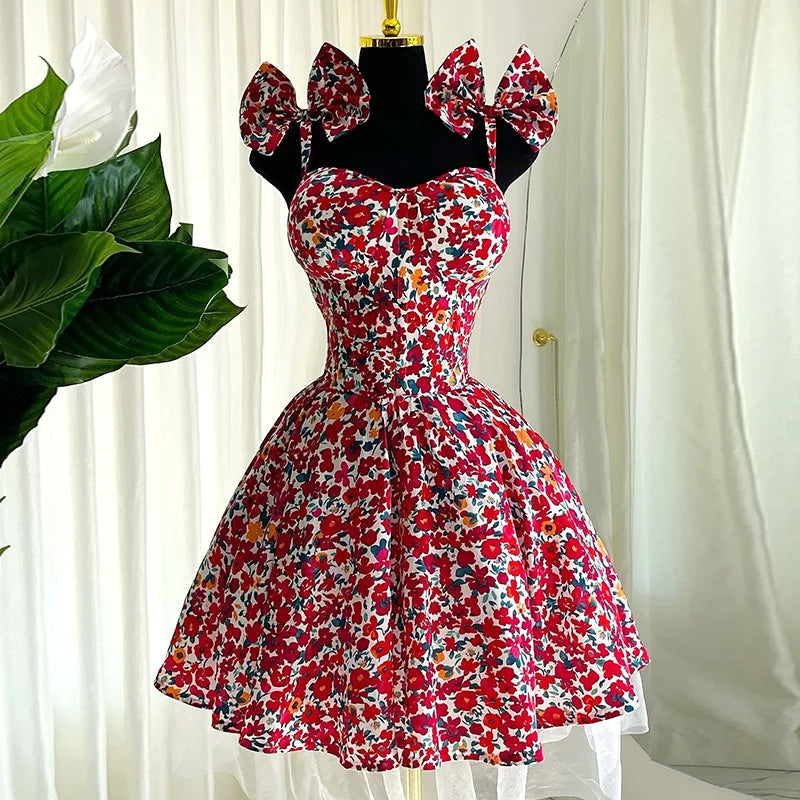 Women Floral Printed Sleeveless Bowknot Strap Big Swing Mini Dress 2025 Evening Sexy Beach Party Birthday Street Dresses floral