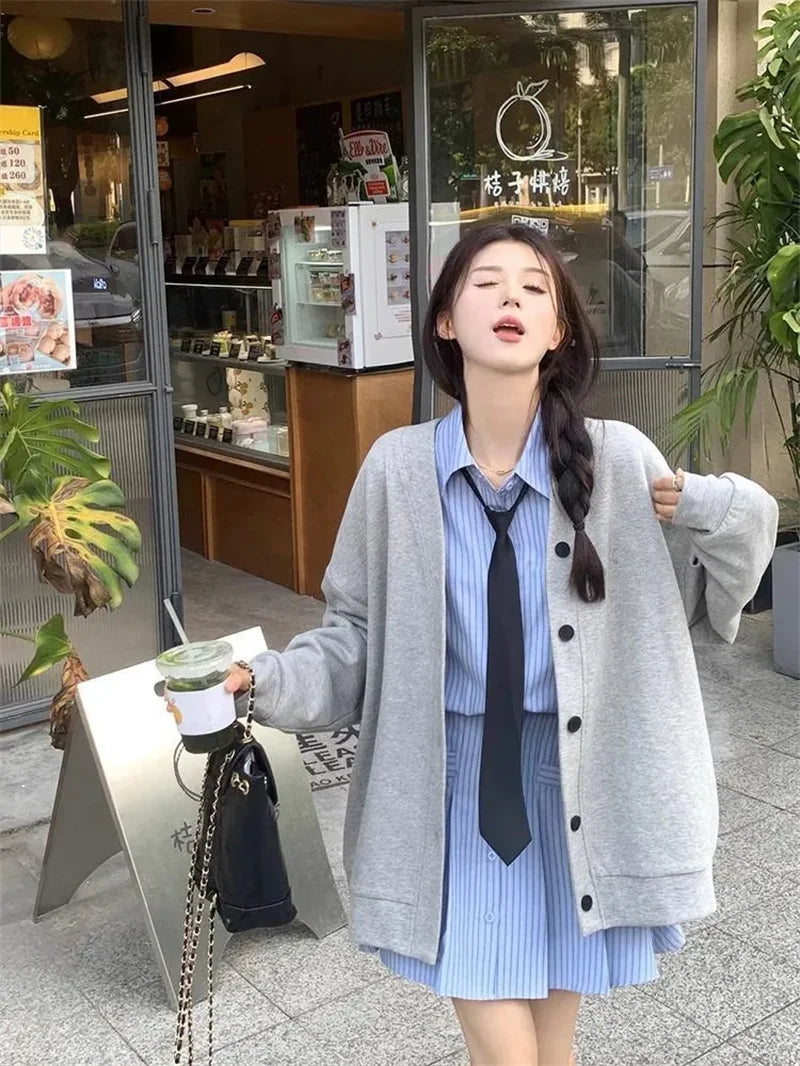 New Explosive JK Coat Top College Style Grey V-neck Cardigan Hoodie Women's Autumn/Winter Plush Korean Series Women