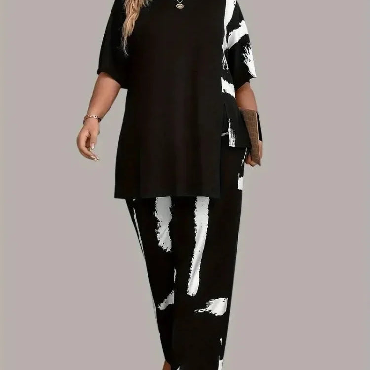Plus Size Womens Brush Print Elegance Short Sleeve Round Neck Split Top & Matching Pants 2 Piece Outfit Set black
