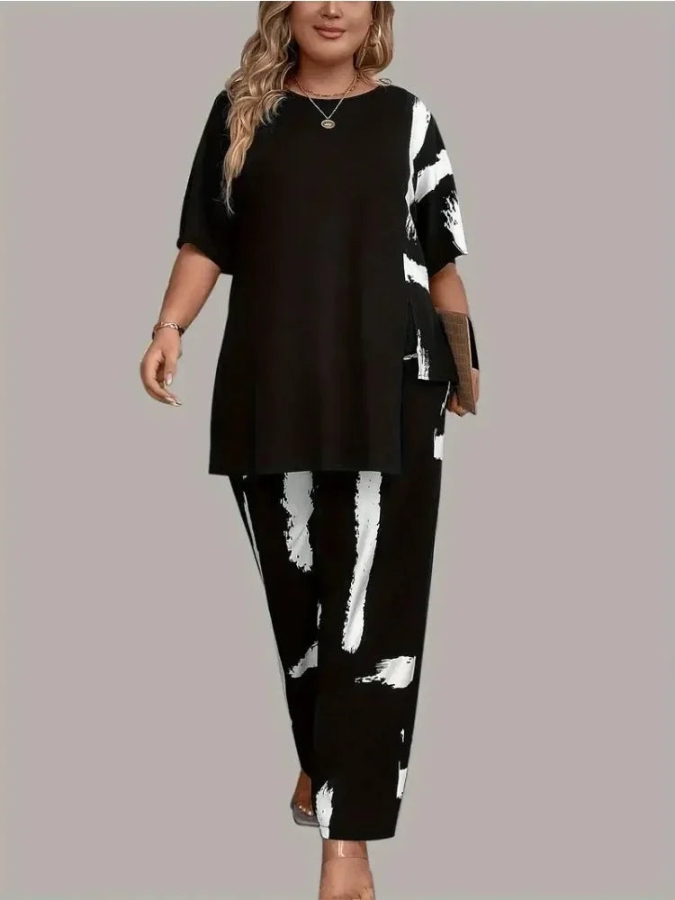 Plus Size Womens Brush Print Elegance Short Sleeve Round Neck Split Top & Matching Pants 2 Piece Outfit Set black