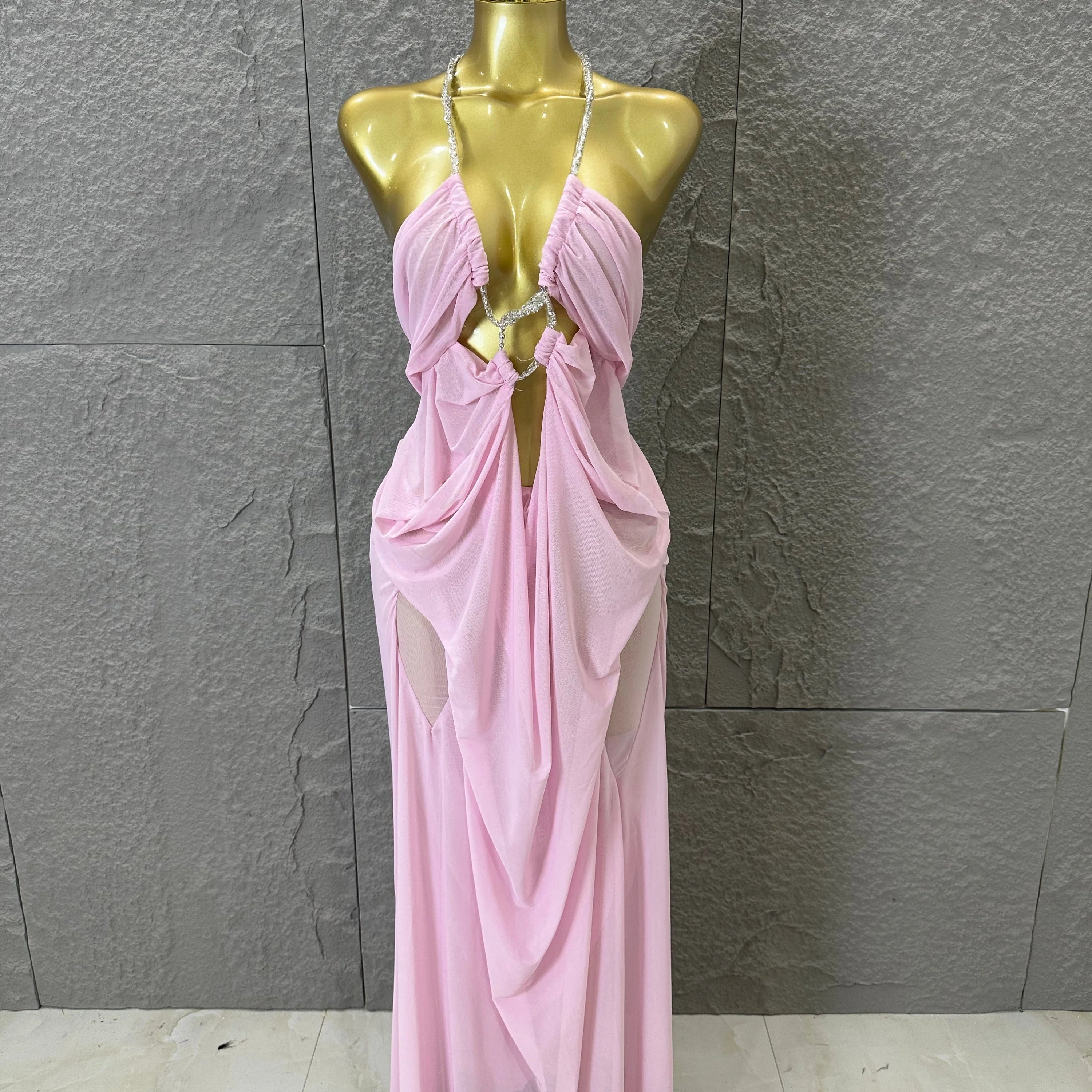 Sexy Halter Neck Maxi Dress Crystal Chain Cutout Ruched Women Sheer Mesh Form Outfit Glamorous Evening Gala Party Costume Pink