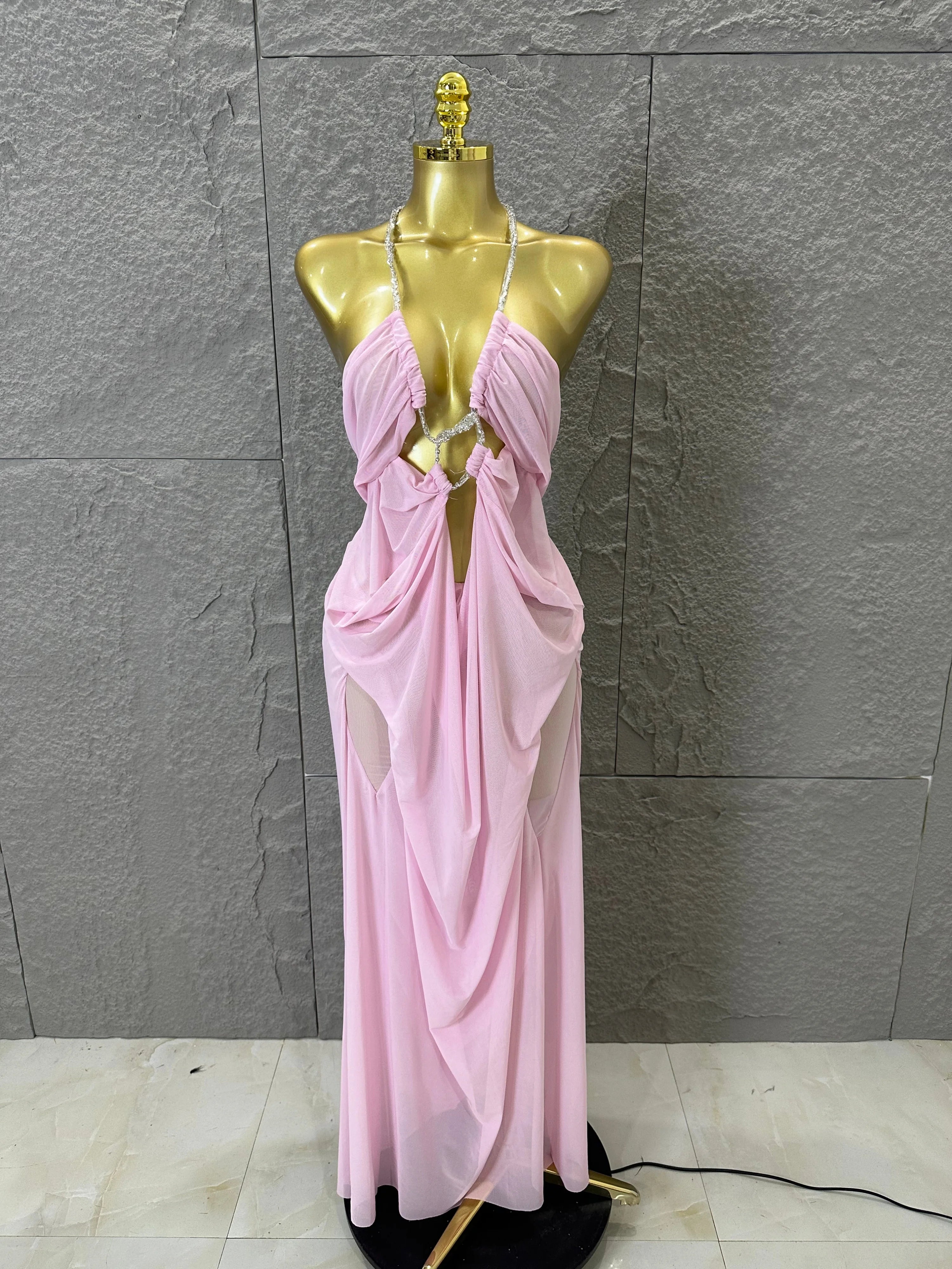 Sexy Halter Neck Maxi Dress Crystal Chain Cutout Ruched Women Sheer Mesh Form Outfit Glamorous Evening Gala Party Costume Pink