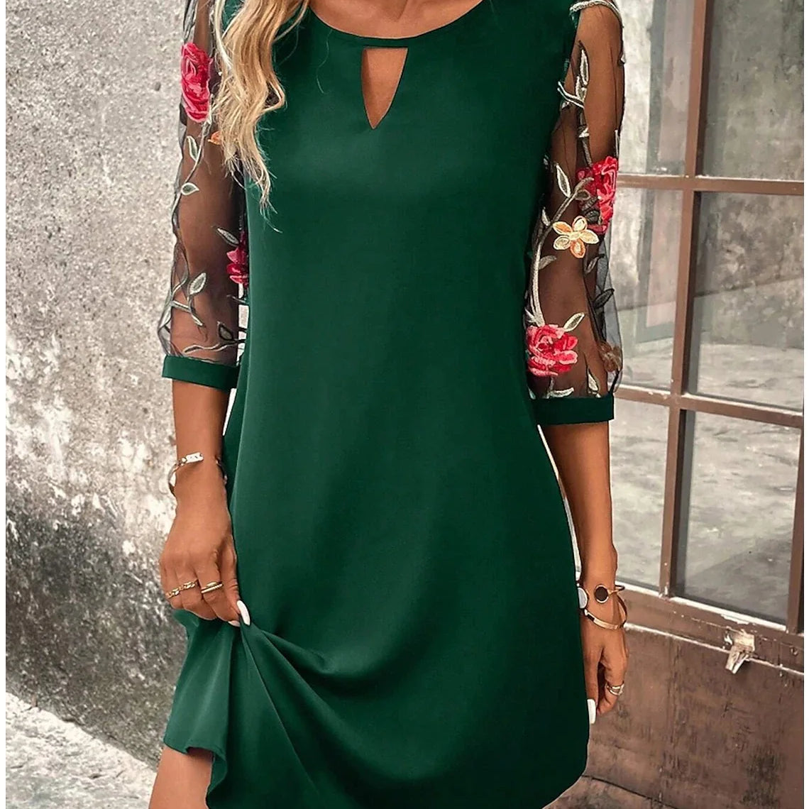 Luxury Dress Women's Perspective Mid Sleeve Printed Round Neck Mini Skirt Summer Party Dress green