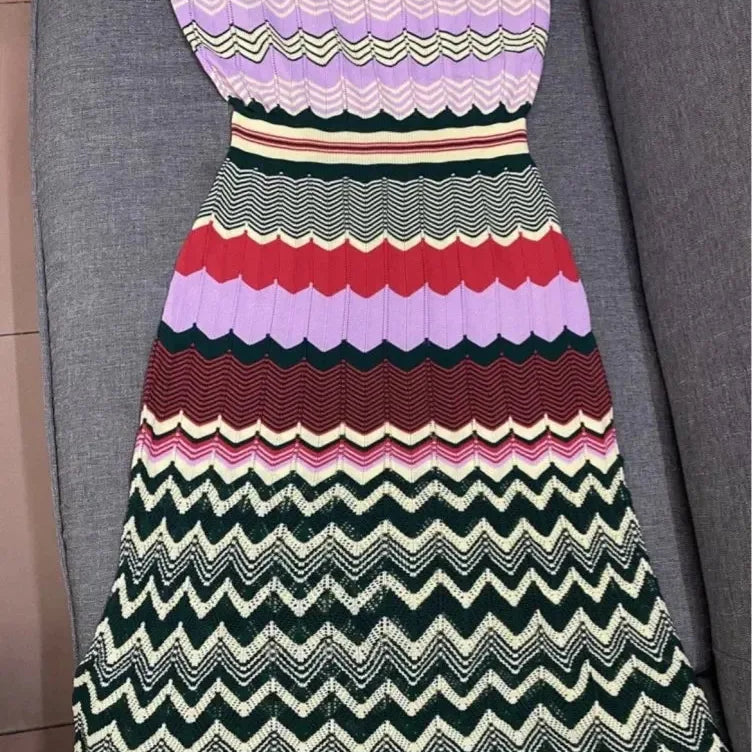 Bohemian Style Sleeveless Knitted Dress for Women, Slim Long Dresses, Geometric Pattern, Summer Party Dress, SL297, New