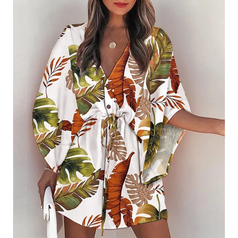 Summer Boho Mini Dress - Flora Print Batwing Sleeve Lace-Up V Neck Loose Button Dresses Ladies Beach Party Dress Vestido style3