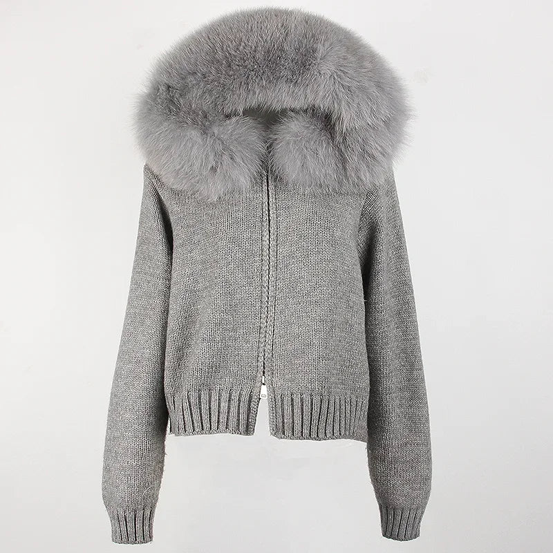 Coat Women Cardigan Natural Fox Fur Coat Women Real Mongolian Fur Knitwear Female Spring Autumn Hooded Knitted Fur Jacket Gray fox One Size