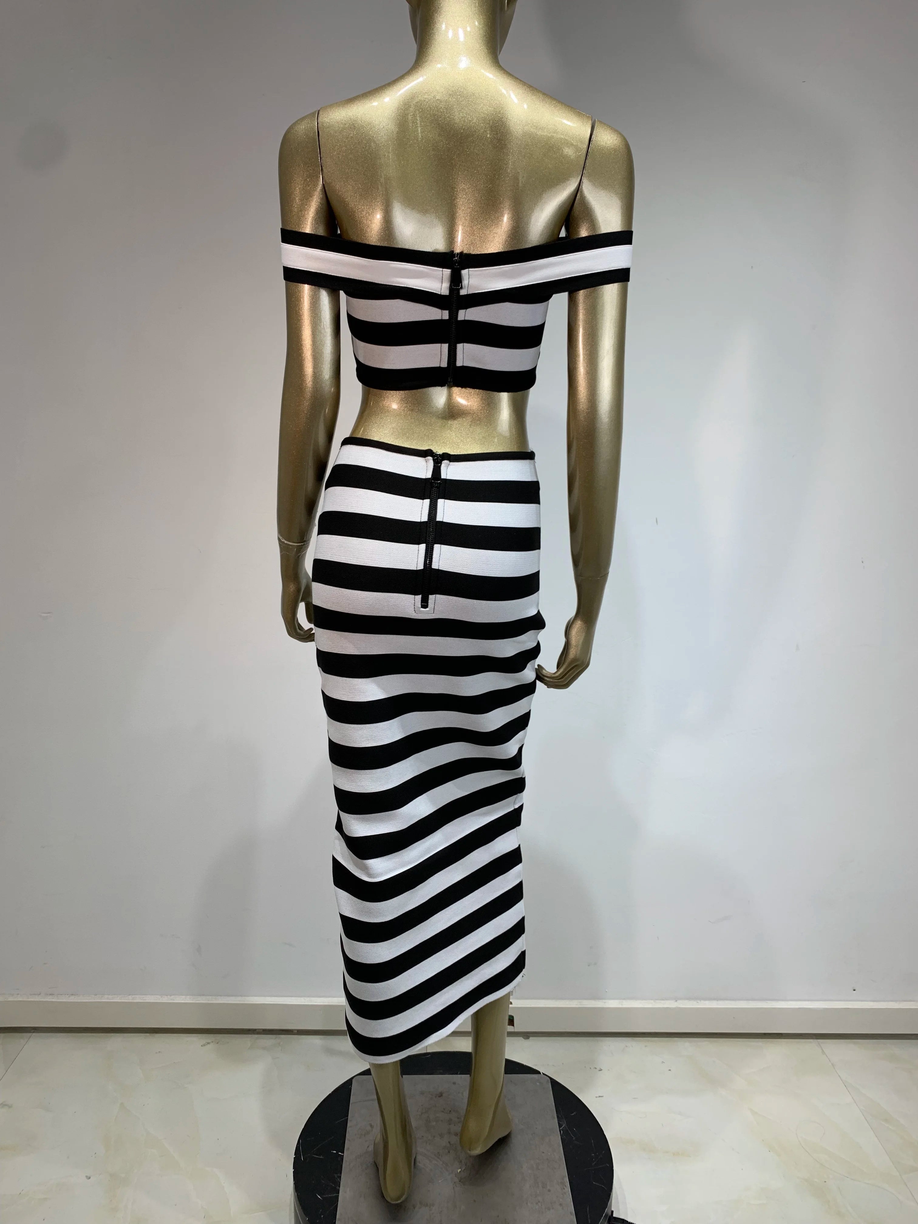 Women Celebrity Sexy Off Shoulder Striped Button Black White Bandage Skirt Set 2024 Knitted Elegant Evening Club Party Clothing