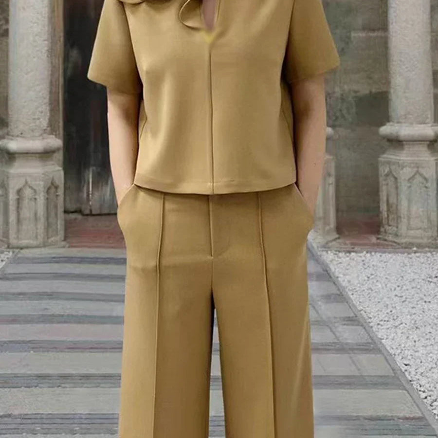 Solid Elegant Two Piece Sets for Women Lapel Short Sleeve Spliced 3D Flower Top High Waist Wide Leg Pant Set Female KHAKI