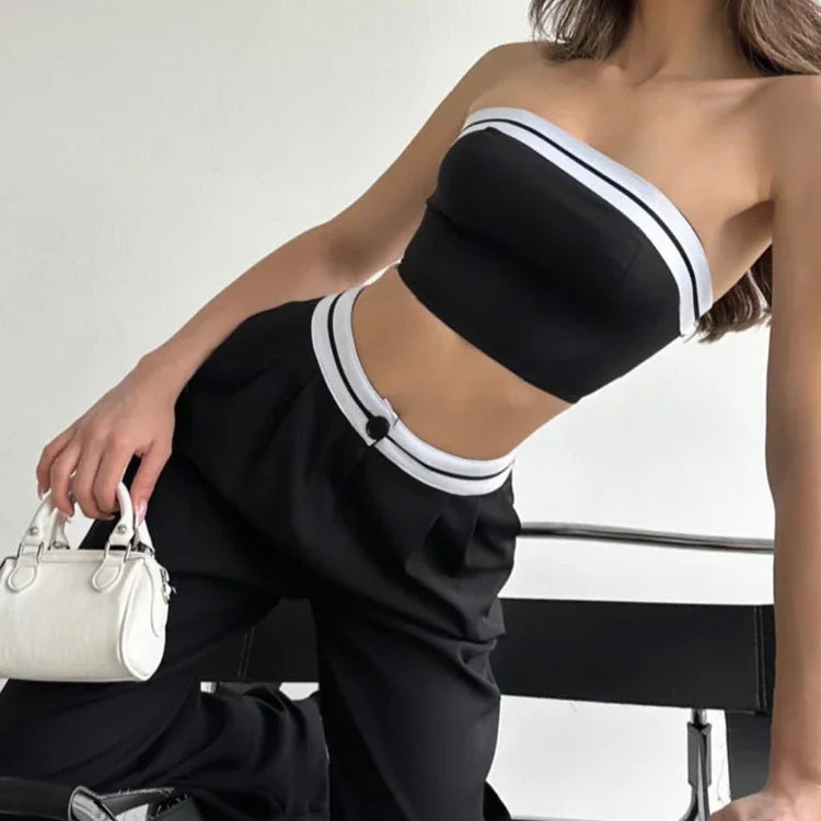 Black Women's Tracksuit with Boob Tube Top Slash Neck Contrast Color Wide Leg Trousers Suit for Women Sexy Two Piece Set Outfit