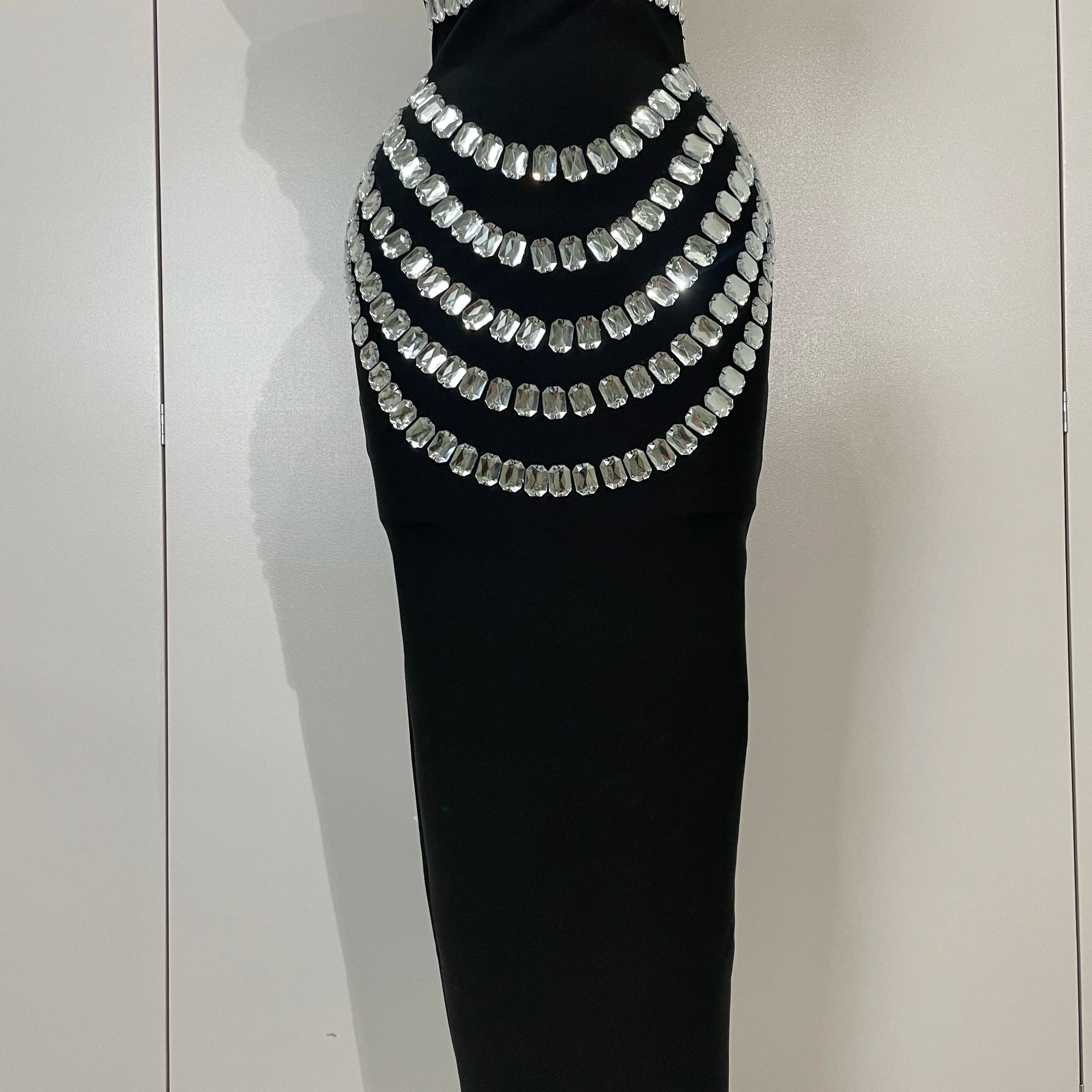 2025 Women Sexy Backless Strapless Black Beading Long Bandage Bodycon Dress Celebrity Elegant Evening Luxury Birthday Dresses