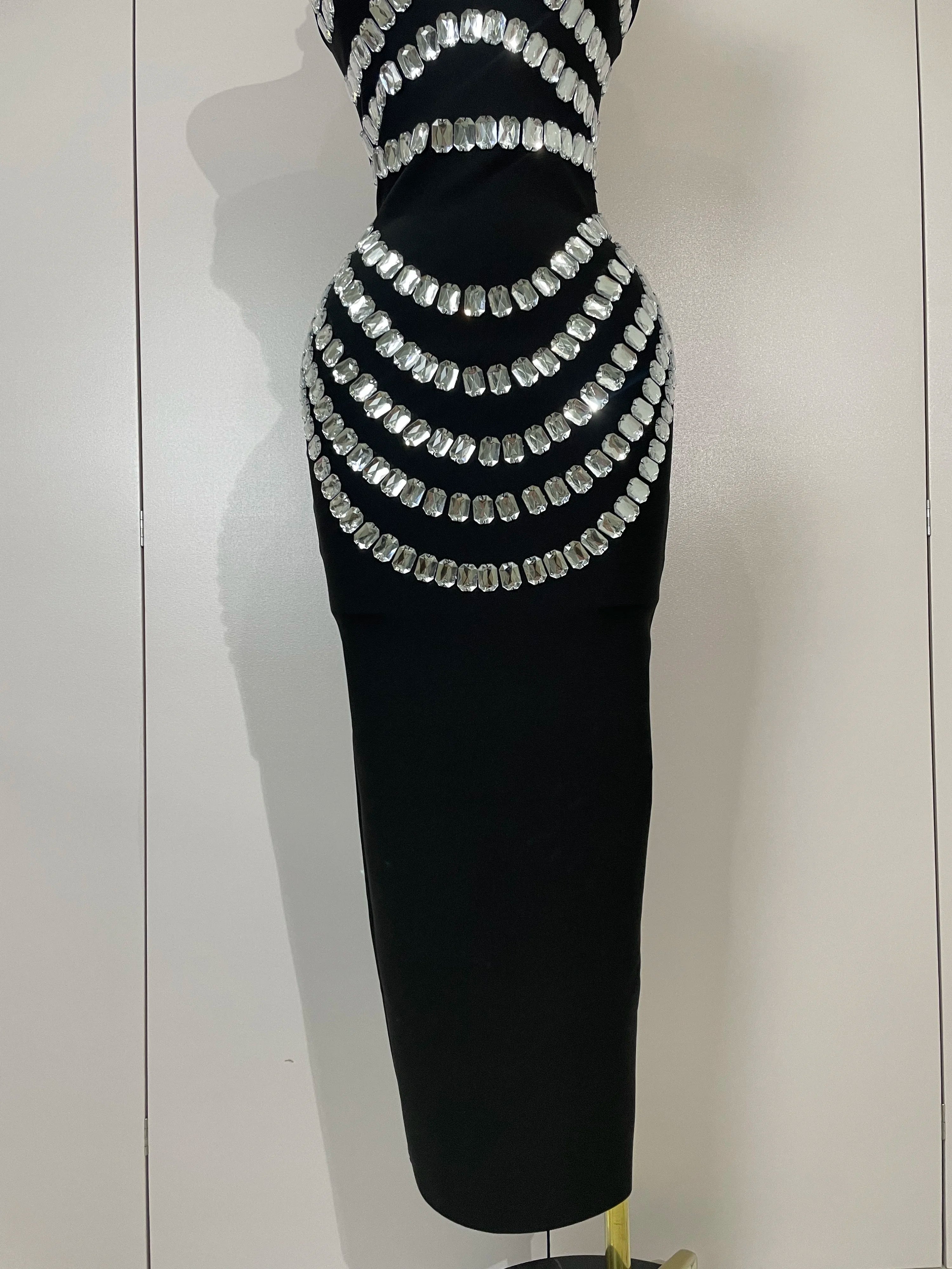 2025 Women Sexy Backless Strapless Black Beading Long Bandage Bodycon Dress Celebrity Elegant Evening Luxury Birthday Dresses