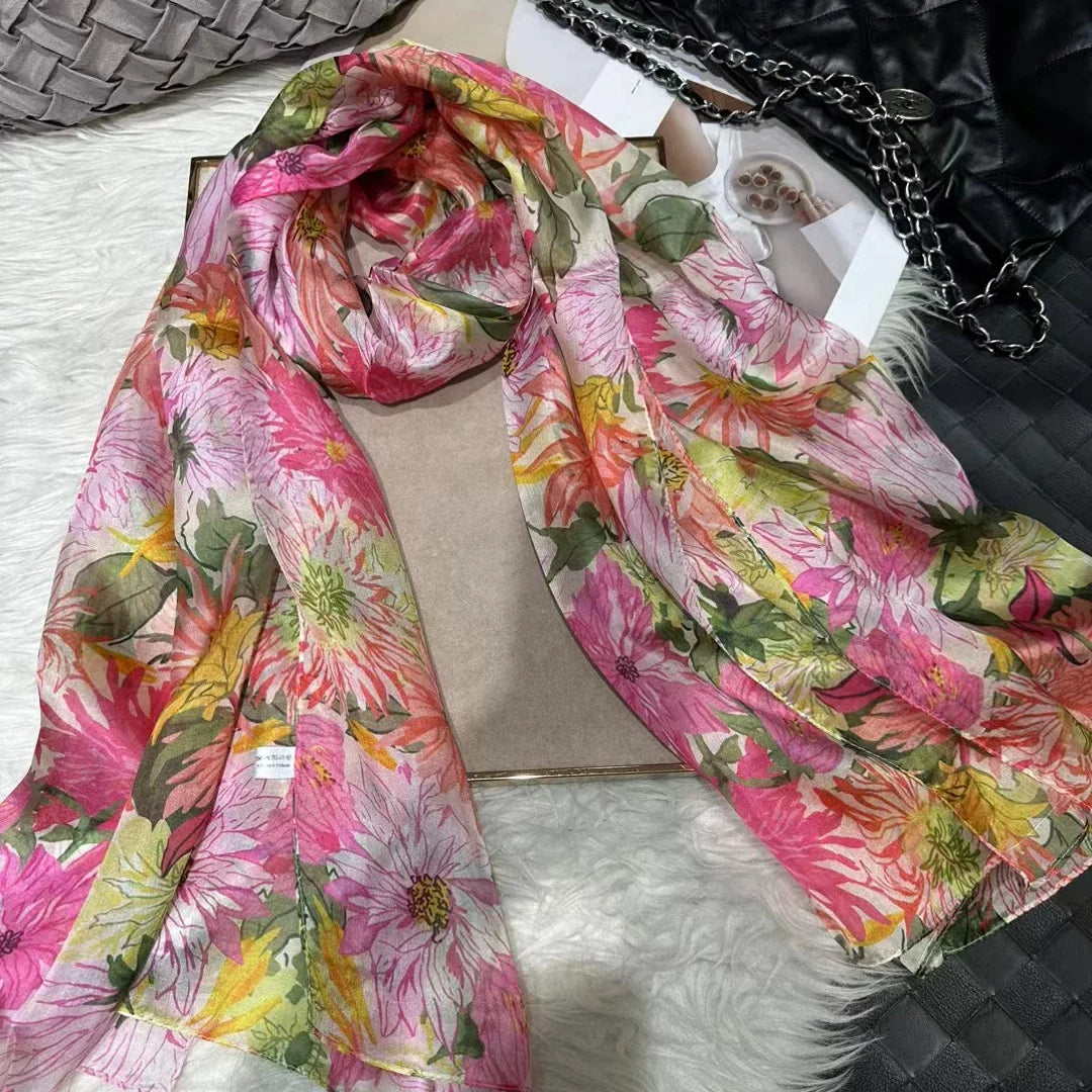 100% Mulberry Silk Scarf Shawl Brand Plum Bossom Design Blue Green Summer Beach Silk Shawls Scarfs Fall Winter Neck Head Scarf pink