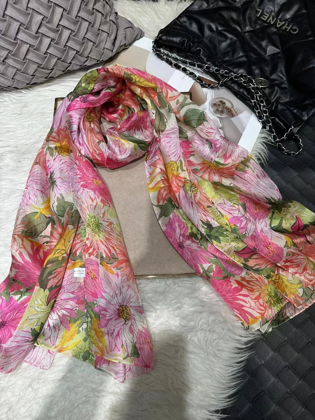 100% Mulberry Silk Scarf Shawl Brand Plum Bossom Design Blue Green Summer Beach Silk Shawls Scarfs Fall Winter Neck Head Scarf pink