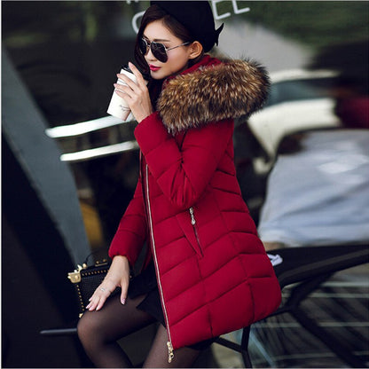 Doudoune femme 2023 hiver femme Style coréen longue fermeture éclair mince manteaux grand col de fourrure à capuche rembourré Parka veste femme 2020 