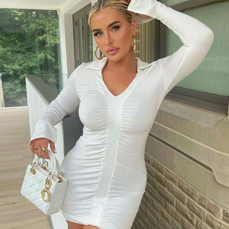 Simenual Ruched V Neck Turn Down Collar Skinny Dress Long Sleeve Fall Spring Sexy Clubwear Birthday Outfit Women Mini Dresses white