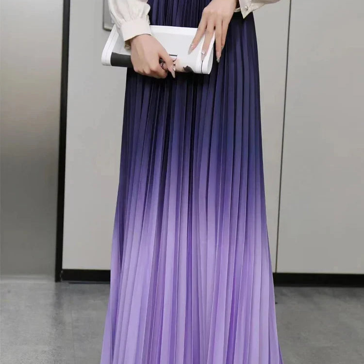 Floor-Length Long Pleated Skirt Women Gradient Color Lengthen Maxi Skirt Women Casual Patchwork Elegant Skirt Female Lavender One Size