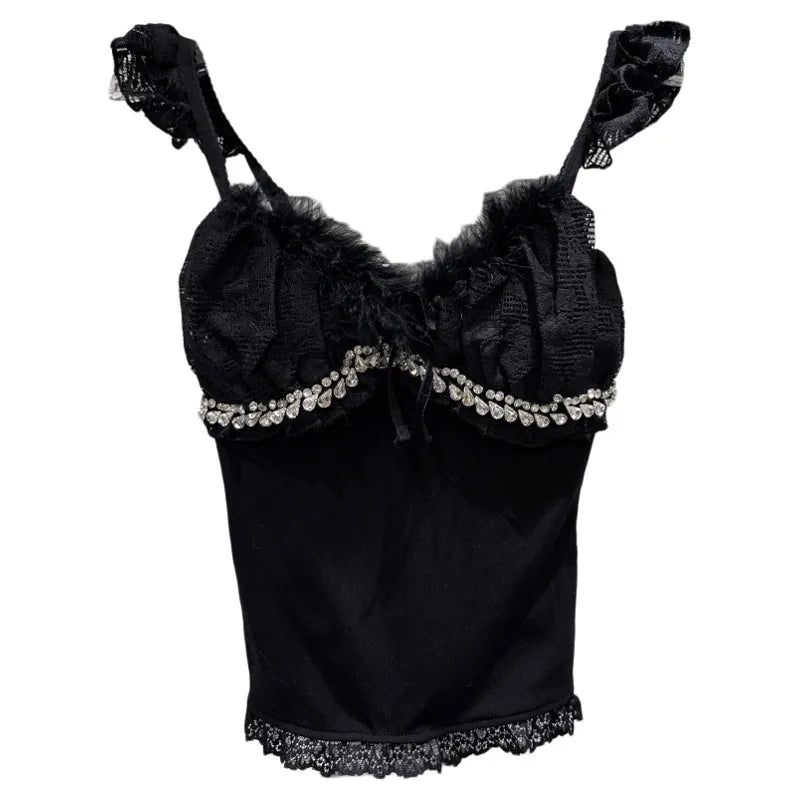 Winter New Sweet Temperament Rhinestone Edge Furry Shoulder Strap Camisole Top For Women Slim Fit Vest Female 11A07898