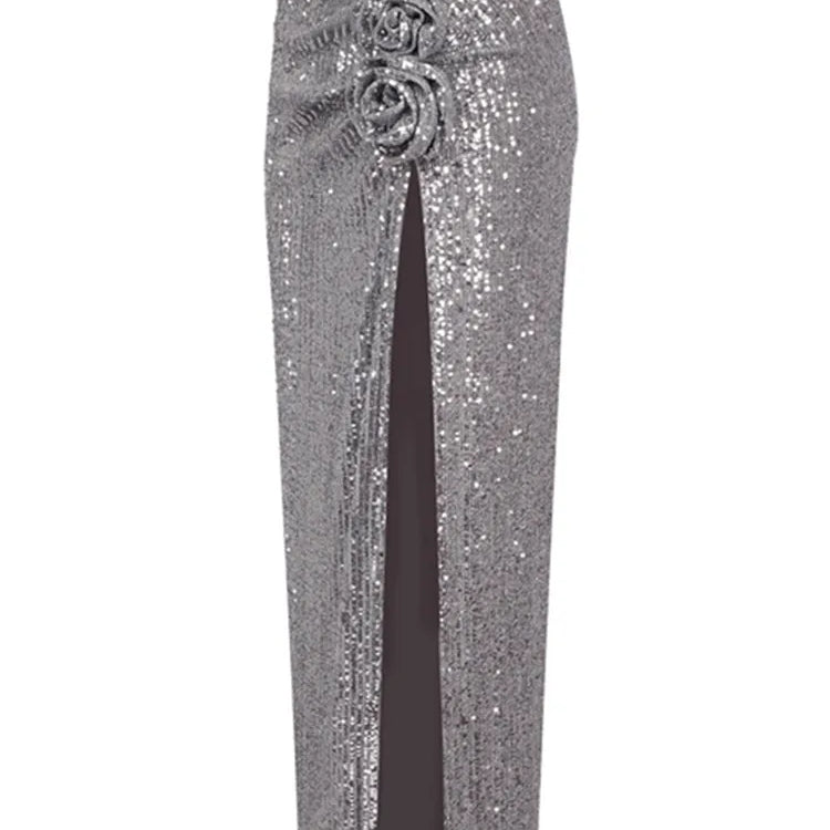 Women Mesh Sequins Flower Sparkly Silver Midi Bodycon Skirt 2024 Designer High Waist Party Office Lady Elegant Split Skirt