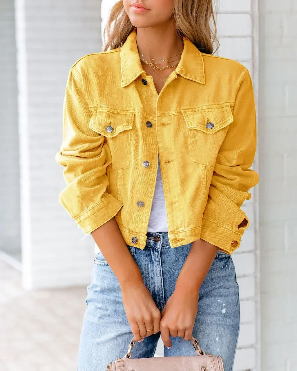 Short Pockets Jacket Fashion Streetwear Single Breasted Trend Women Denim Coats Long Sleeve Autumn New Denim Denim Coats Yellow