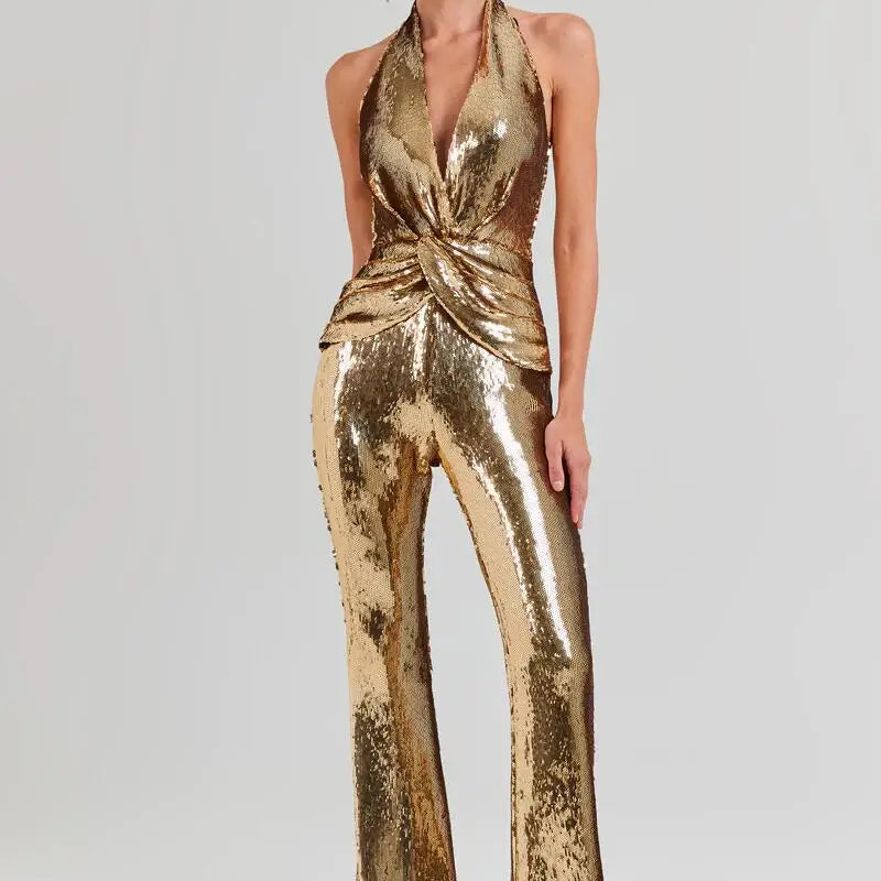 Golden Sequins Stylish Flare Pants Halter Blackless Jumpsuit Woman Fashion Party Outfit Stage Performance Costume Gold