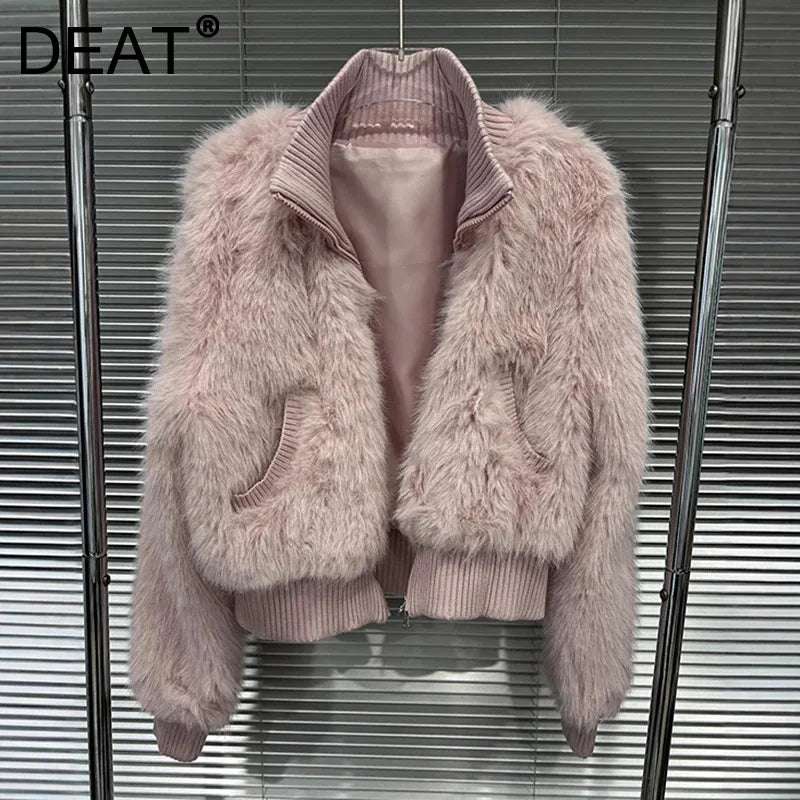 Autumn Winter New Fashion Versatile Stand Collar Faux Fur Short Jacket For Women Sweet High Waist Coat Female 11A07634