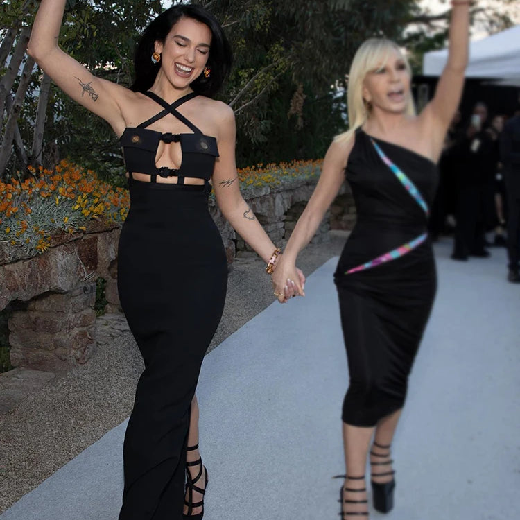 Black Bandage Long Dress Women Sexy Slim Cross V-Neck Sleeveless Hollow Out Celebrity Party Dress Vestidos