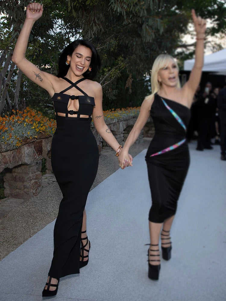 Black Bandage Long Dress Women Sexy Slim Cross V-Neck Sleeveless Hollow Out Celebrity Party Dress Vestidos