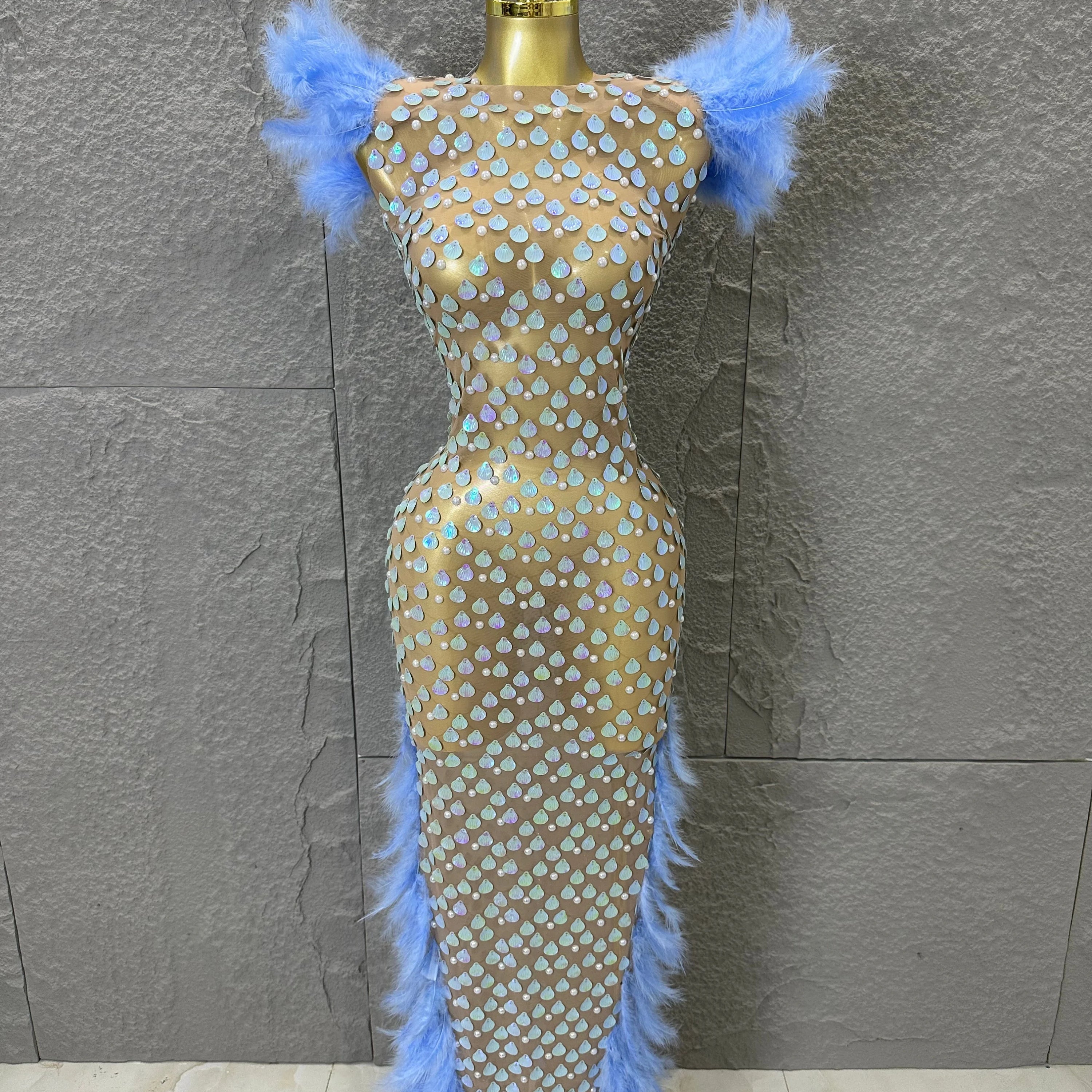 Women Blue Feather Trim Teardrop Sequin Embellished Bodycon Stage Performance Gown Nude Sheer Mesh Maxi Dress SKY BLUE