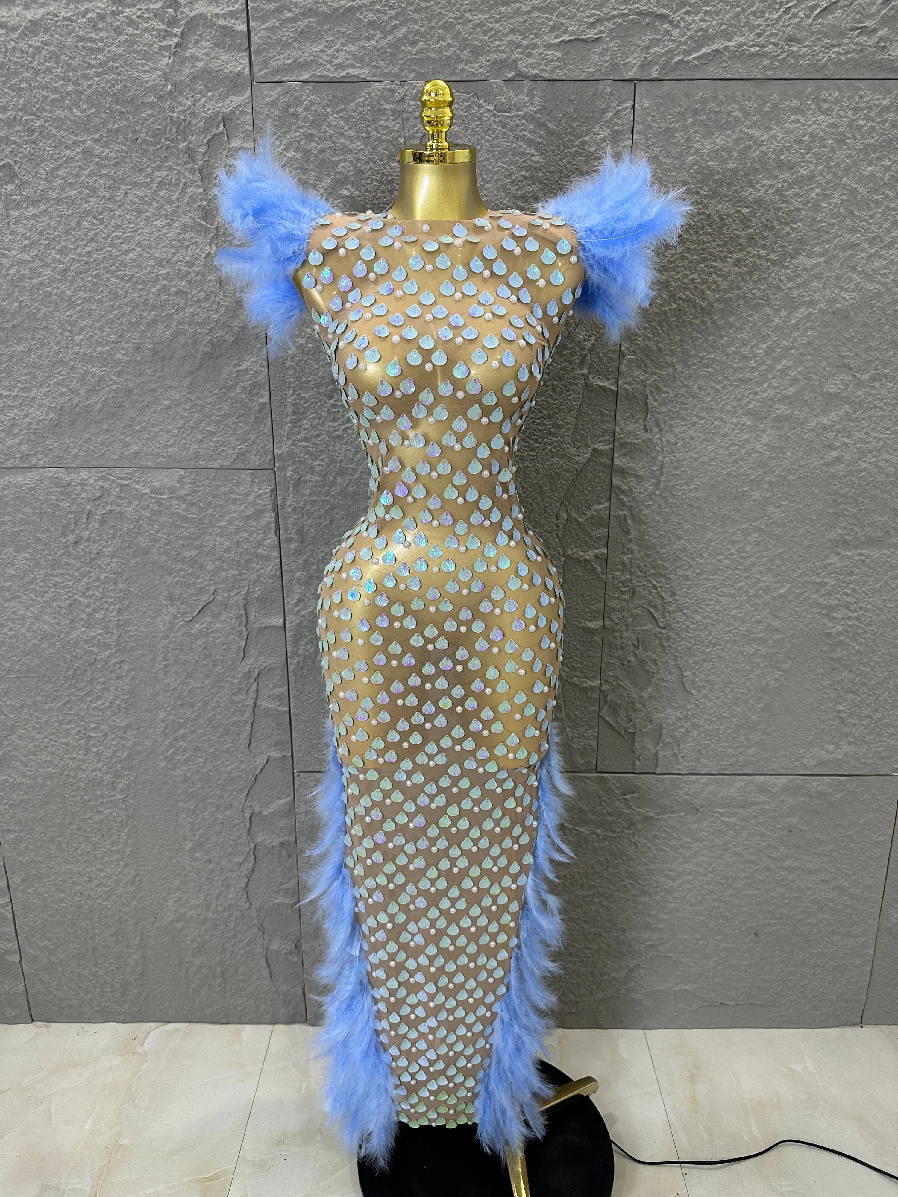 Women Blue Feather Trim Teardrop Sequin Embellished Bodycon Stage Performance Gown Nude Sheer Mesh Maxi Dress SKY BLUE