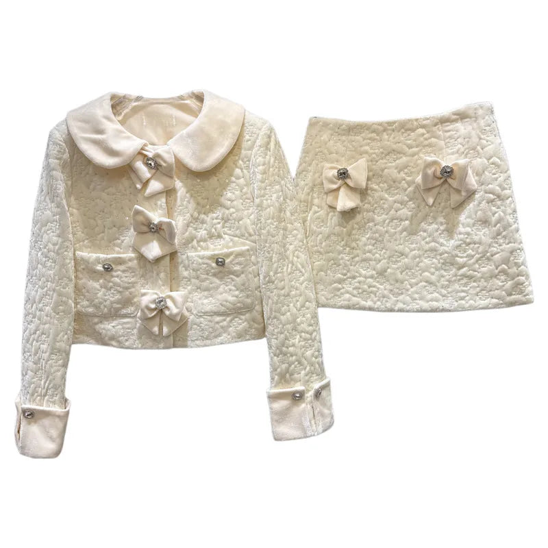 Winter New Fashion Elegant Rhinestone Velvet Quilted Jacket Bowknot Short Skirt Two-pieces Set For Women 11A07528