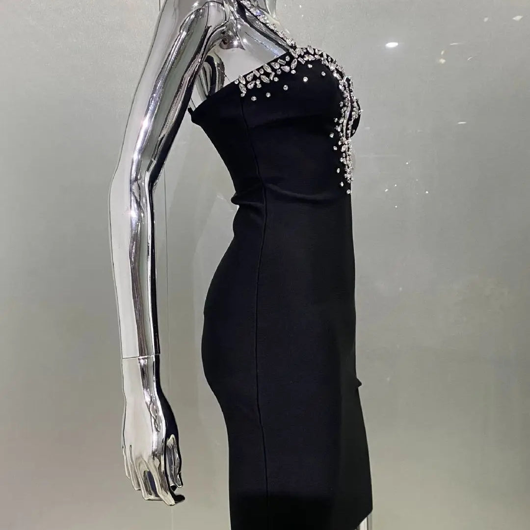 2025 Luxury Sparkling Diamond Sexy Deep V-Neck Black Bandage Mini Dress Fashion Woman Evening Party Dress Birthday Party Outfit