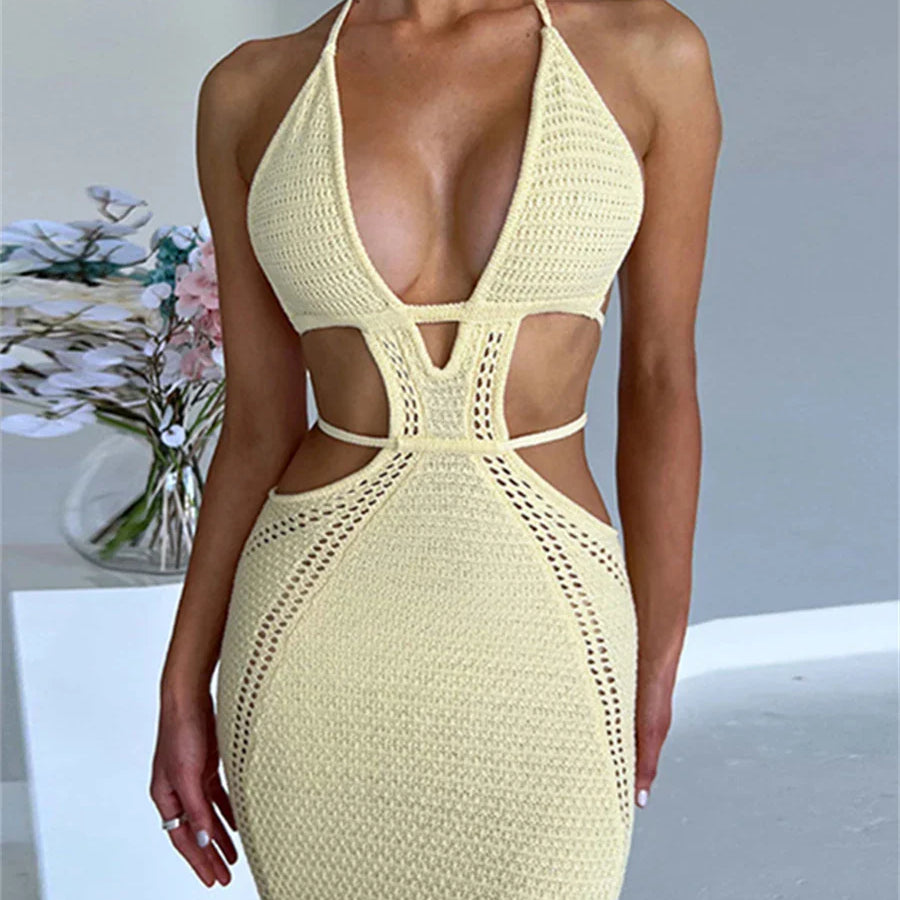 wsevypo Women Halter Tie-up Knit Crochet Beach Dress Sexy Backless Sleeveless Deep V Cutout Waist Wrapped Bodycon Dress Clubwear